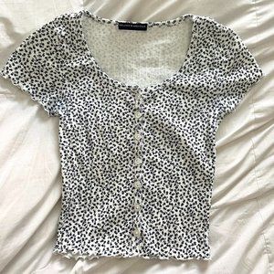 Brandy Melville White and Black Floral Button Up Top